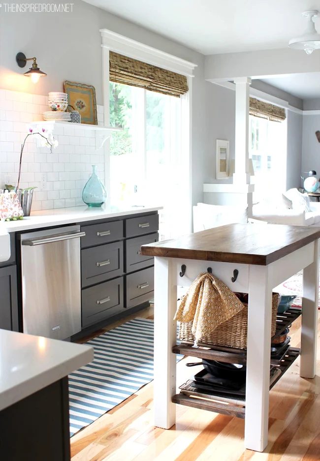 kitchen remodel, gray cabinets and bamboo shades, The Inspired Room