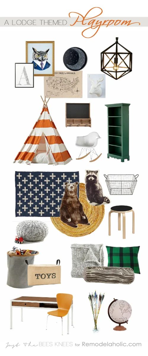 well fitted for outdoors loving little ones! This lodge-themed playroom is a great blend of kid function and grown up style. Full list of sources! Bekob.com