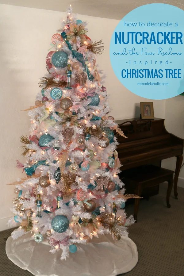 We found an affordable white Christmas tree and gave it a Nutcracker-inspired decorating theme featuring ballerinas, candy lollipops, miniature nutcrackers, and more in pastel blue