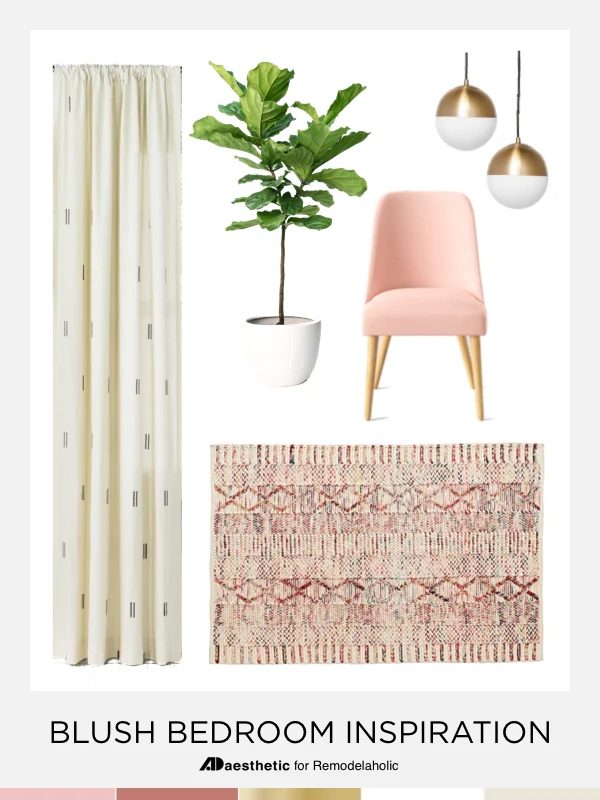 Blush Pink Bedroom Decorating options | Mood board, decorating options, and tips for a blush pink bedroom.