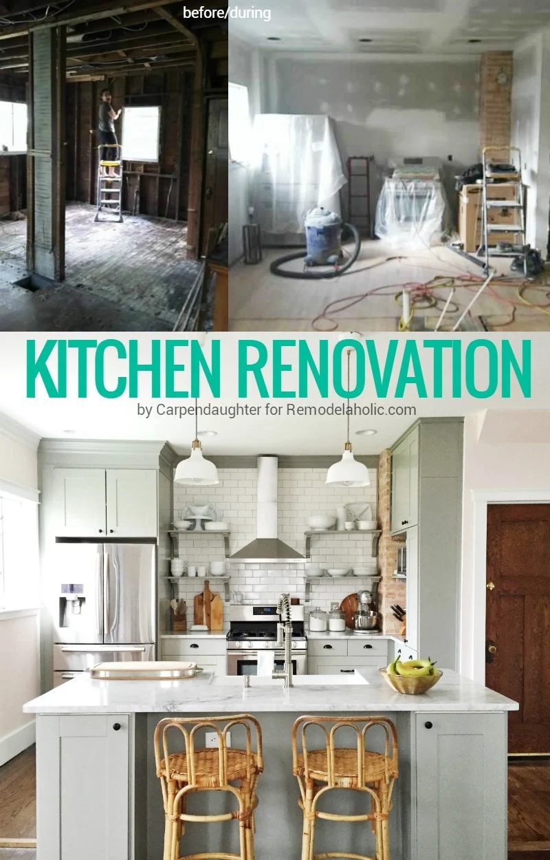 This kitchen renovation is memorable! She took out a wall, exposed the brick wall, and redesigned the whole kitchen. IKEA cabinets in gray, plus subway tile and open shelving, plus
