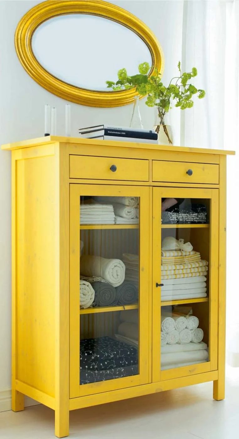 Bold Colorful Bathroom Inspiration | Yellow Towel Cabinet
