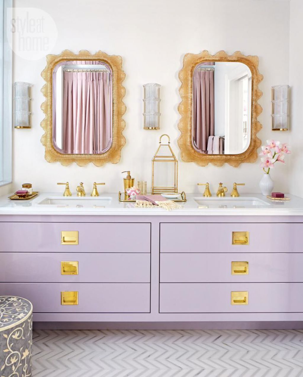 Bold Colorful Bathroom Inspiration | Bathroom Vanity With Purple Drawers And Golden Knobs Feature Undermount Bathroom Sinks Also Ornate Mirrors