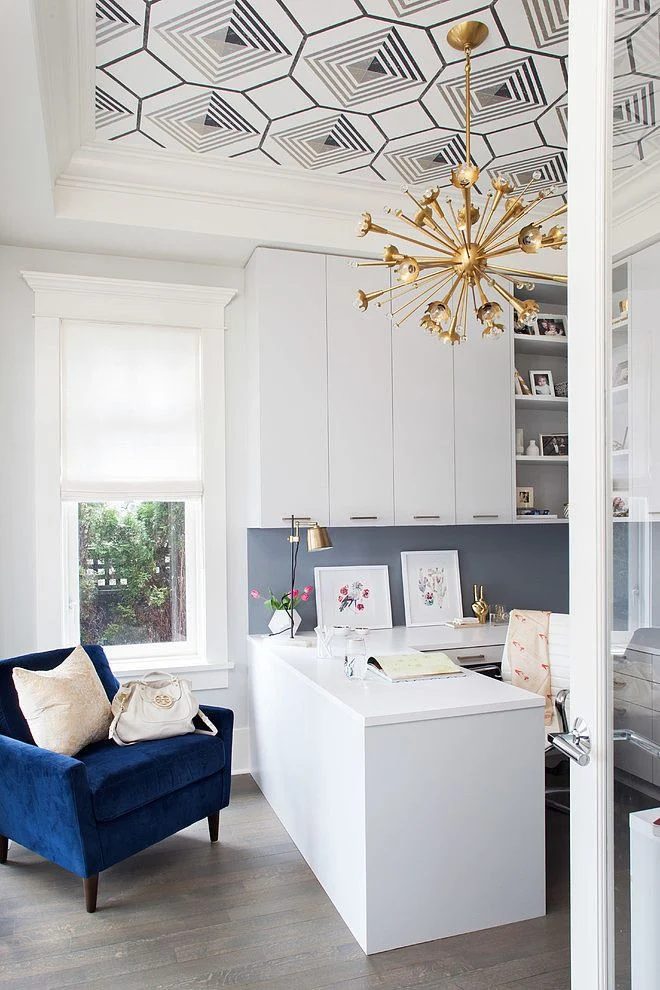 home office-study with wallpapered ceiling