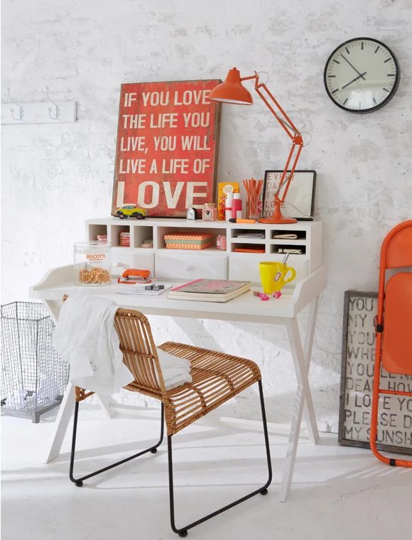 neutral and red home office-study