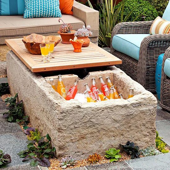 limestone drink cooler coffee table for the patio, via BHG
