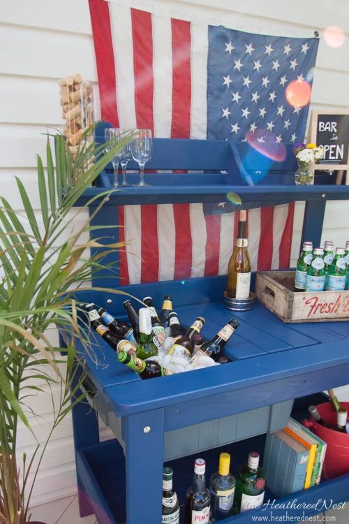 potting table turned outdoor bar cart with drink cooler, by The Heathered Nest