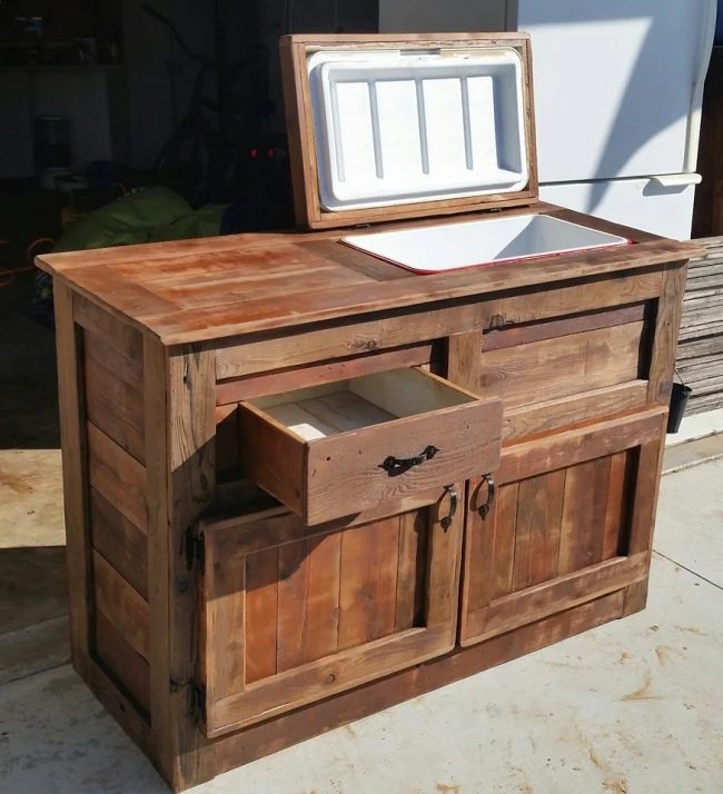 wood cooler table with storage drawers and cabinets via UpcycleArt