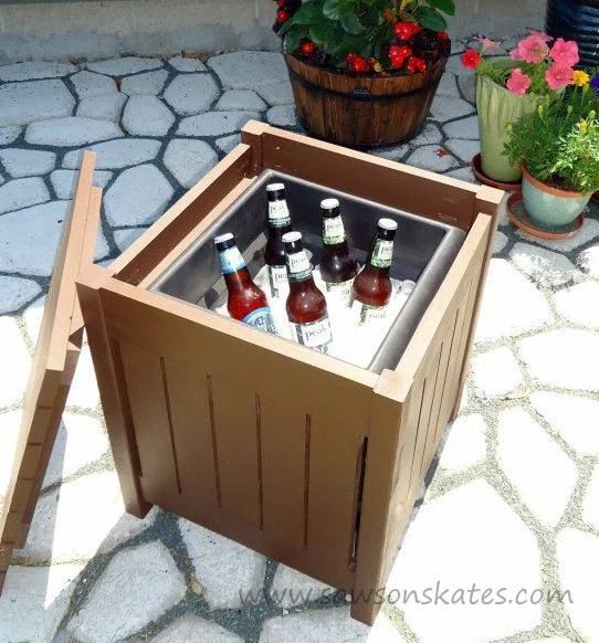 outdoor side table with beverage cooler inside, Saws on Skates