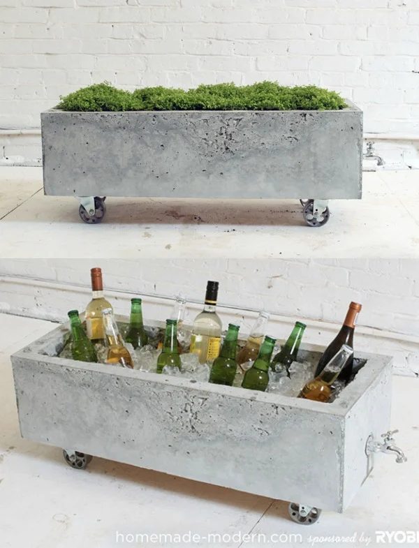 Handmade modern concrete trough planter or rolling drink cooler table by Homemade Modern