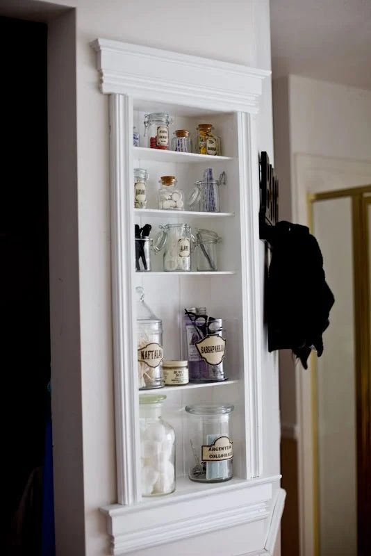 Beadboard Bathroom in-wall storage