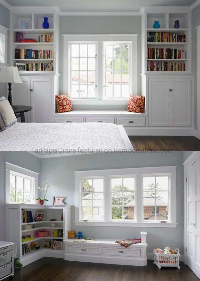 striking craftsman style built-in window seat options with shelving around the window, by TarPaperCrane