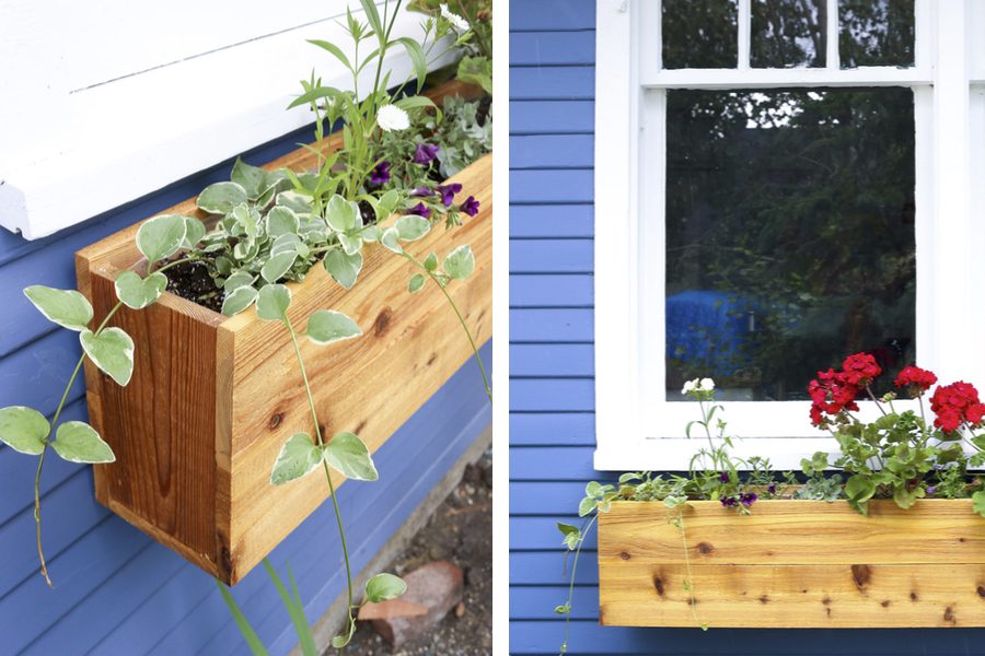 custom Handmade cedar wood window box with red geraniums