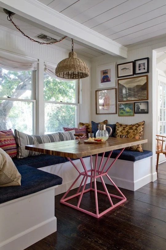 eclectic dining banquette bench, via Apartment Therapy