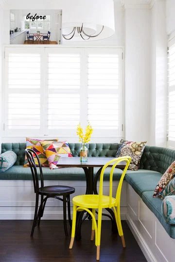 A colorful and comfy corner banquette bench, BHG