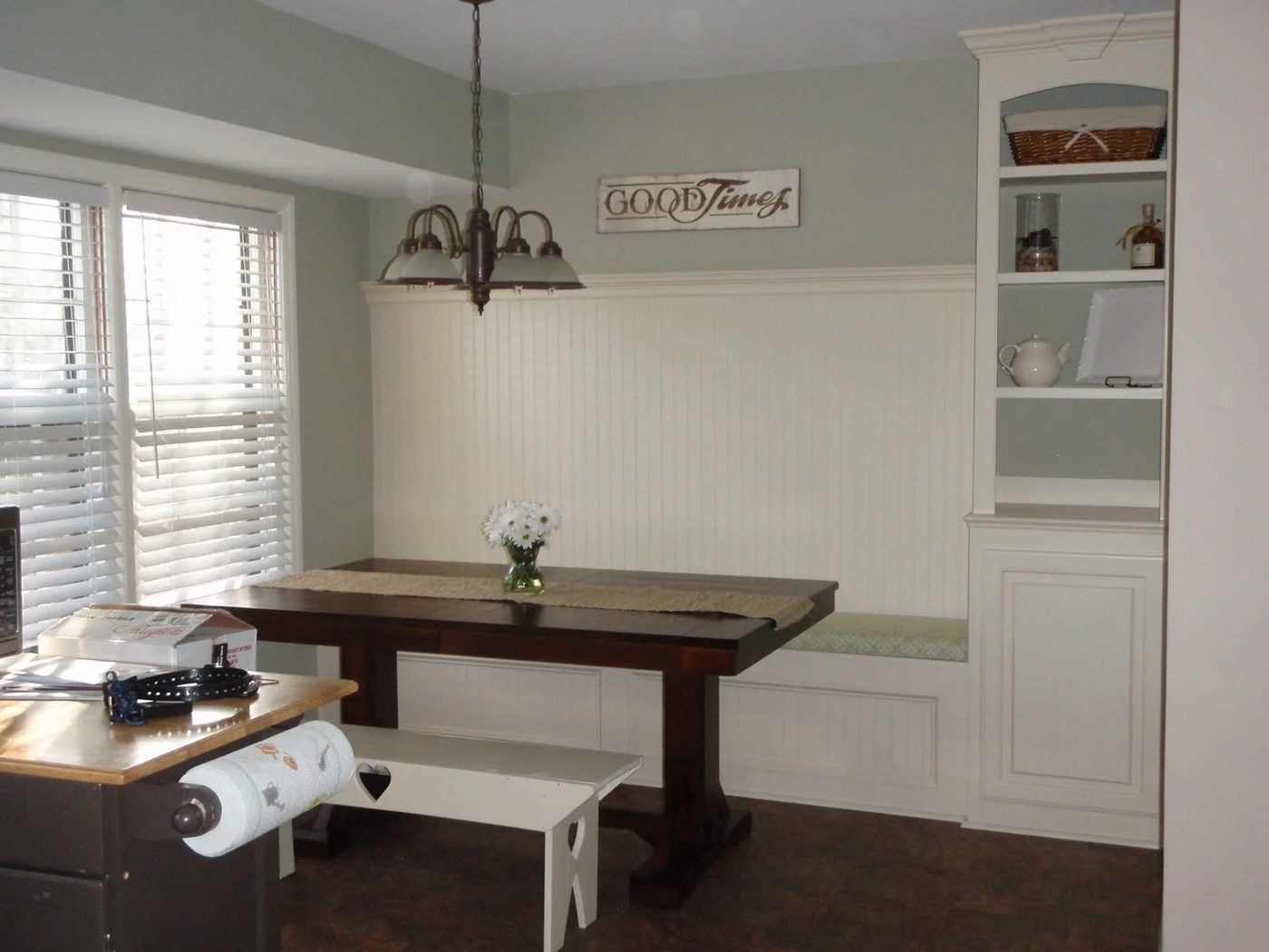 banquette bench with built-in shelf, featured on Bekob