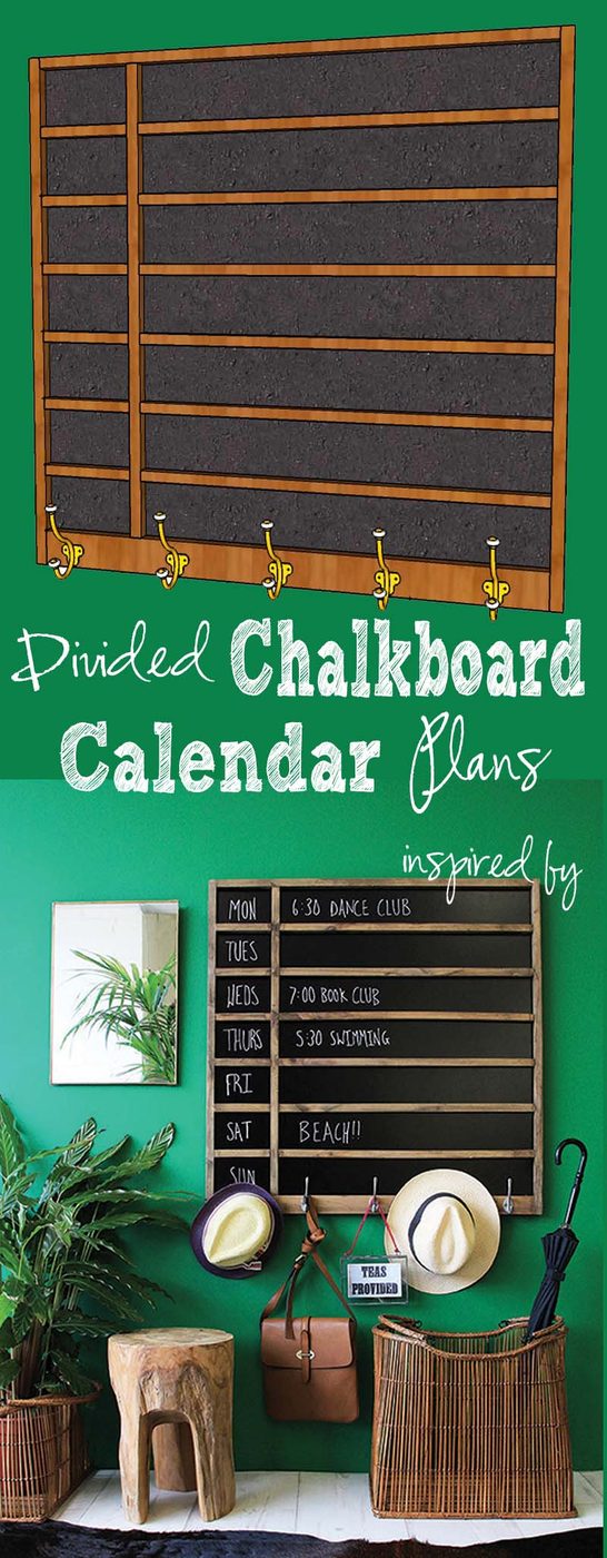 Organize your family with a divided chalkboard calendar with hooks. Free Handmade plans and walkthrough on #Bekob #organization