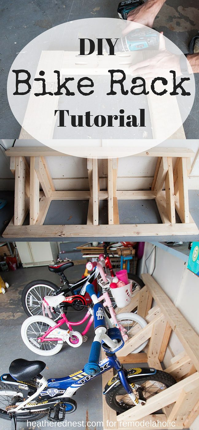 Reclaim a corner of your garage with this Handmade bike rack to keep all the wheeled toys in line and organized! walkthrough and building plan from The Heathered Nest on Bekob.com