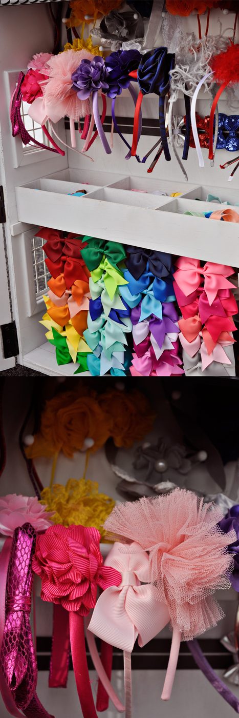 Hair accessory storage for headbands, bows, bobby pins, and more -- inside a miniature DOLLHOUSE! So cute for my girls room. walkthrough on Bekob.com