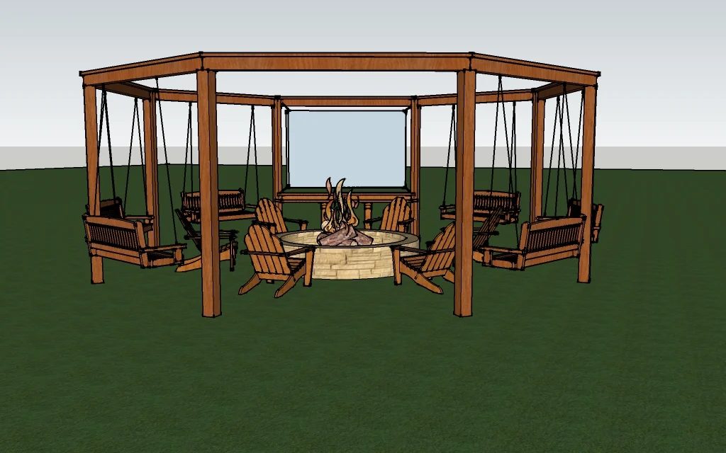 full render of the handmade pergola with firepit, chairs, and swings - Handmade walkthrough Little White House Blog on @Bekob