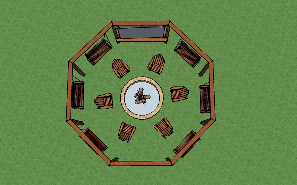 Handmade pergola walkthrough - aerial view of the fireplace, pergola, swings, and adirondack chairs - Little White House Blog on @Bekob