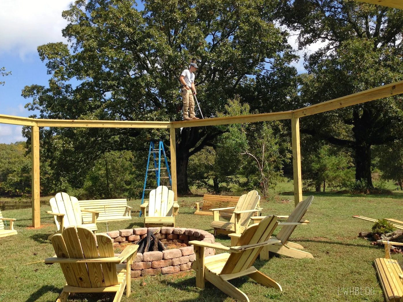 Building a Pergola with a Fire Pit and Adirondack Chairs by Little White House Blog featured on @Bekob