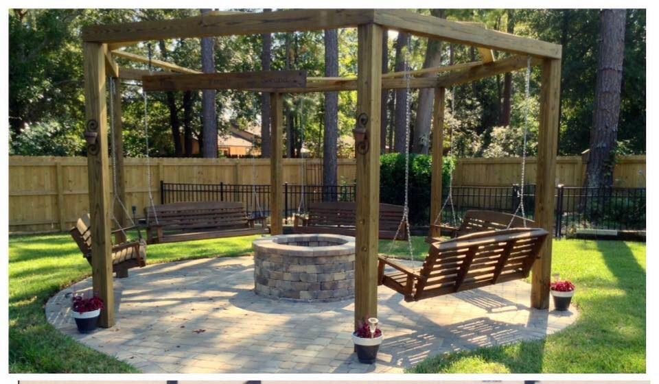 walkthrough for round pergola with fire pit and swings featured on @Bekob