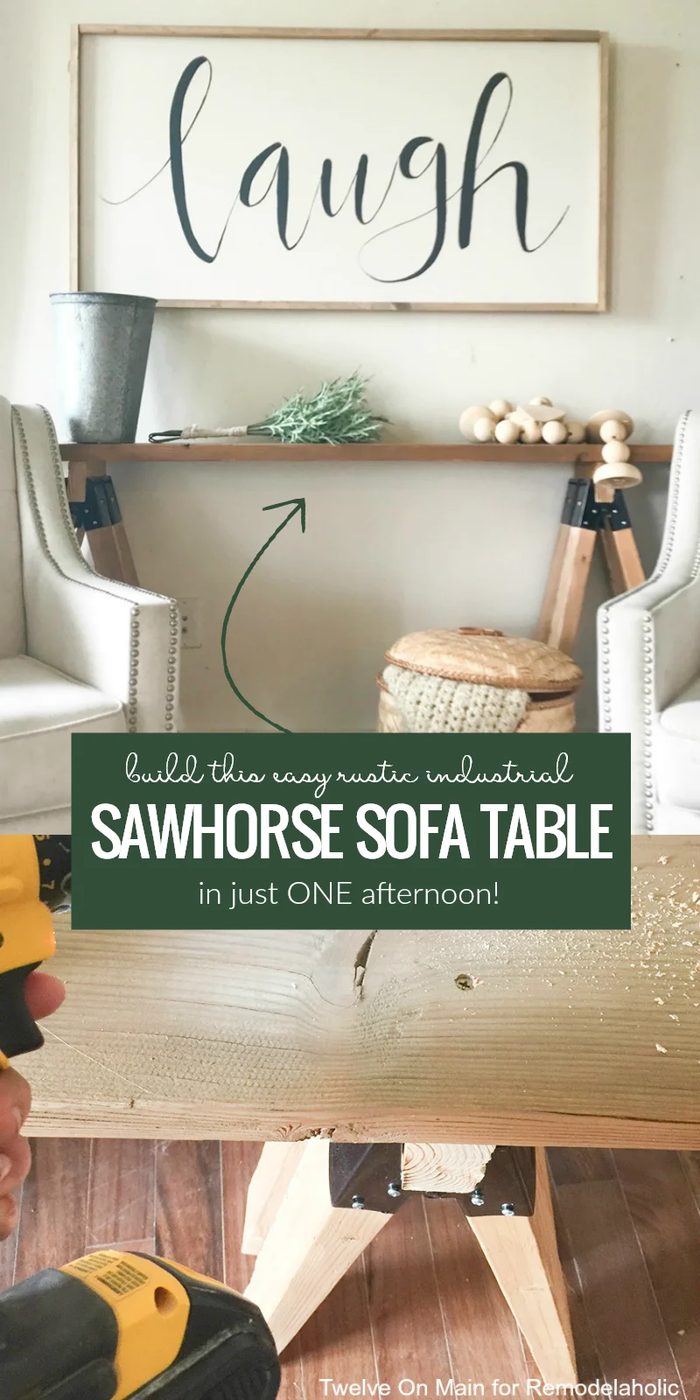 Build an straightforward rustic industrial farmhouse sawhorse sofa table in an afternoon! This direct build will only take a few hours and cost around $30 or less.