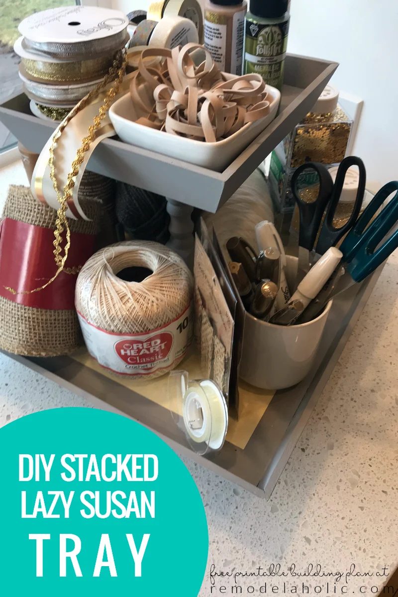 handmade stacked lazy susan tray to clear countertops and organize craft and office supplies, bathroom toiletries and makeup, kitchen utensils and produce #Bekob
