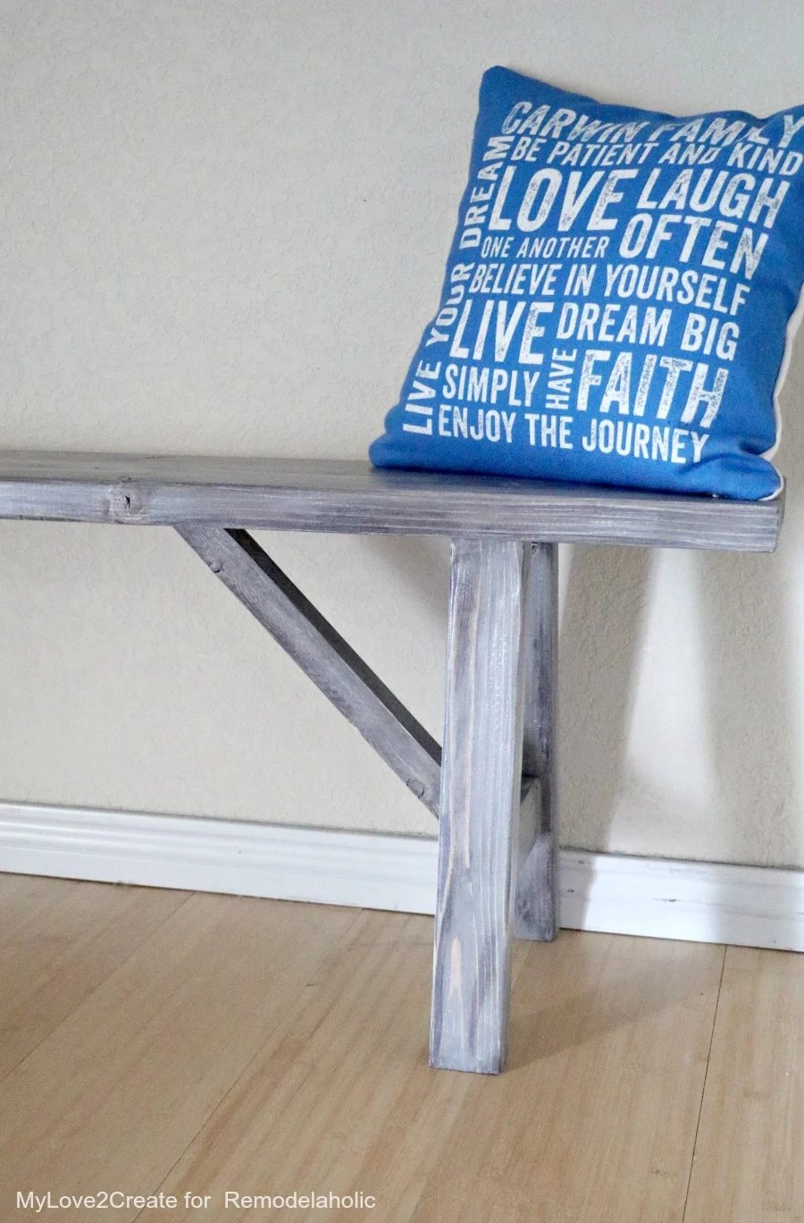 Woodworking Plans: Handmade wood bench with angled legs, farmhouse stain finish