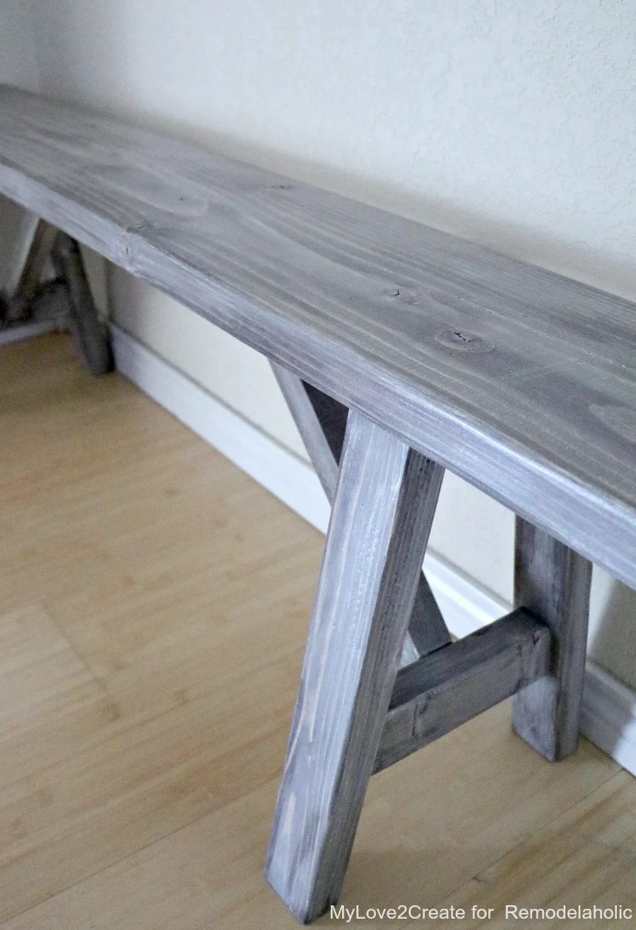 Handmade wood bench plans, with a farmhouse stain and finish