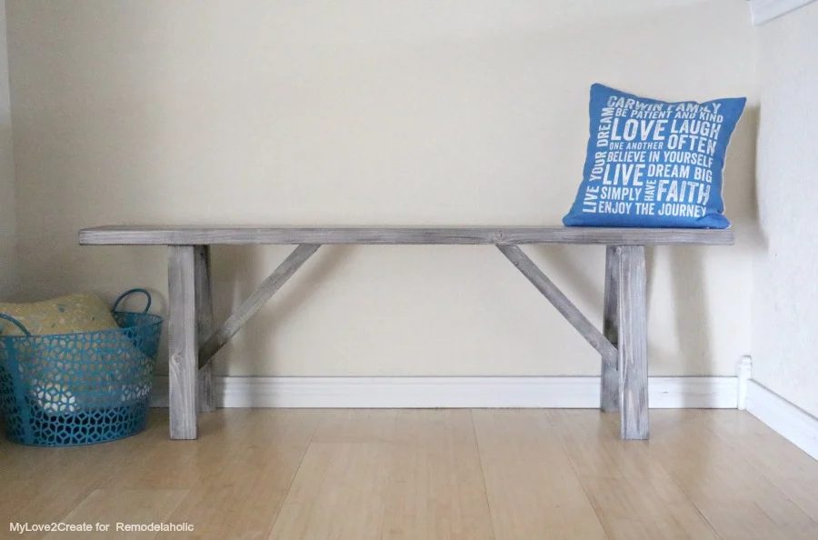 straightforward Handmade wood bench plans with angled legs and farmhouse wood finish