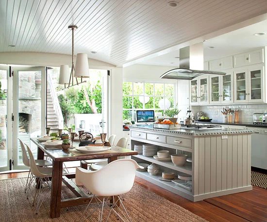Modern Farmhouse Table Eames Chairs In Open Kitchen Dining With Beadboard Ceiling, BHG