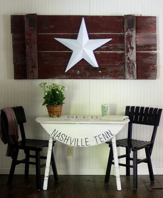farmhouse stenciled table, The Shabby Creek Cottage via Bekob.com