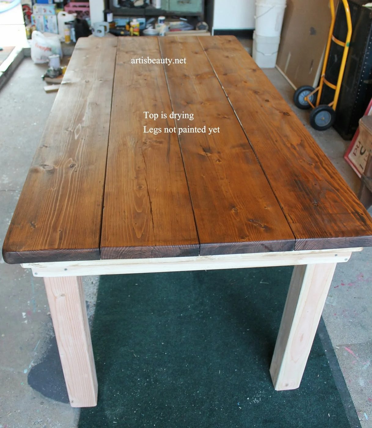 handmade farmhouse table with provincial stained top, featured on Bekob.com