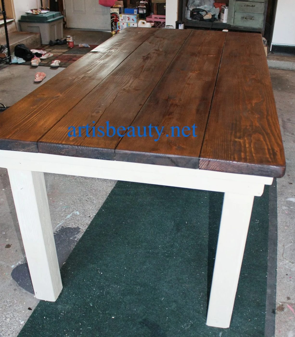 handmade farmhouse table with provincial stained top and CeCe Caldwell chalk painted legs, featured on Bekob.com