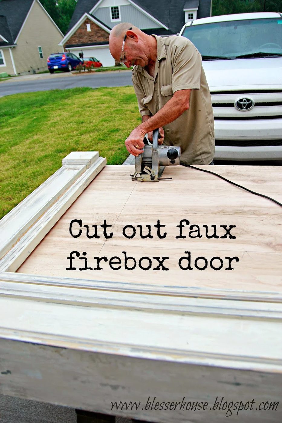 cut out a firebox door for a faux fireplace - Blesser House featured on @Bekob