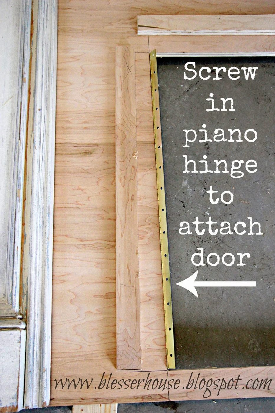 use a piano hinge to attach a door on the faux fireplace - Blesser House featured on @Bekob