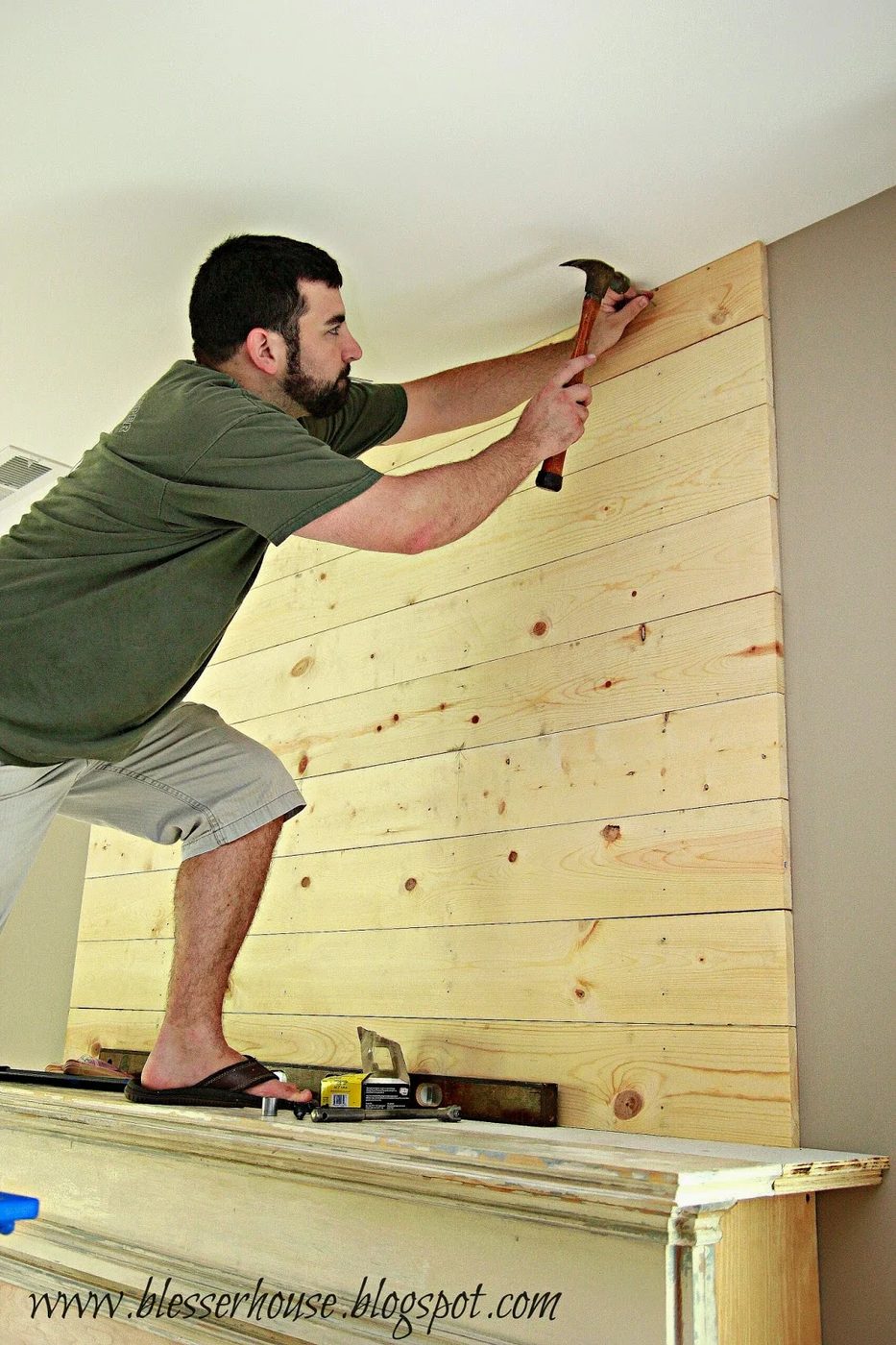 install a chimney piece plank wall above a faux fireplace 05 - Blesser House featured on @Bekob