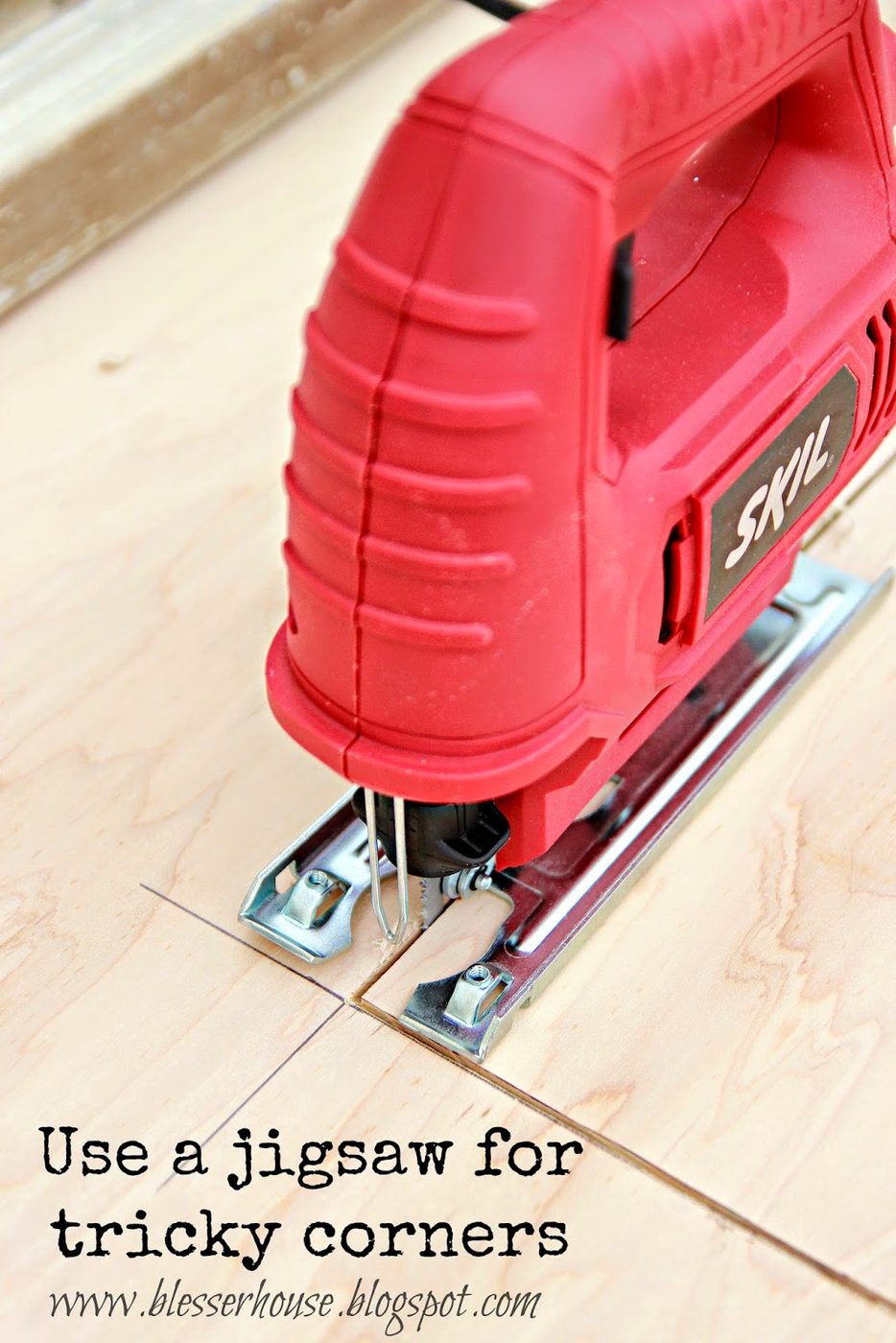 jigsaw to cut corners for faux fireplace - Blesser House featured on @Bekob