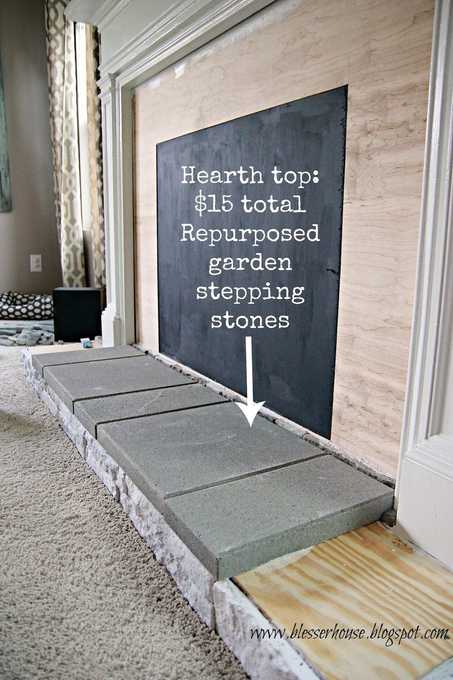 repurposed garden stepping stones for faux fireplace hearth - Blesser House featured on @Bekob