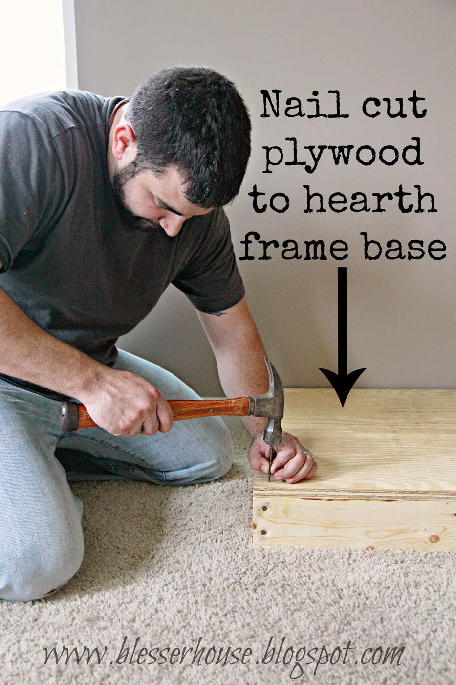 plywood hearth base for faux fireplace - Blesser House featured on @Bekob