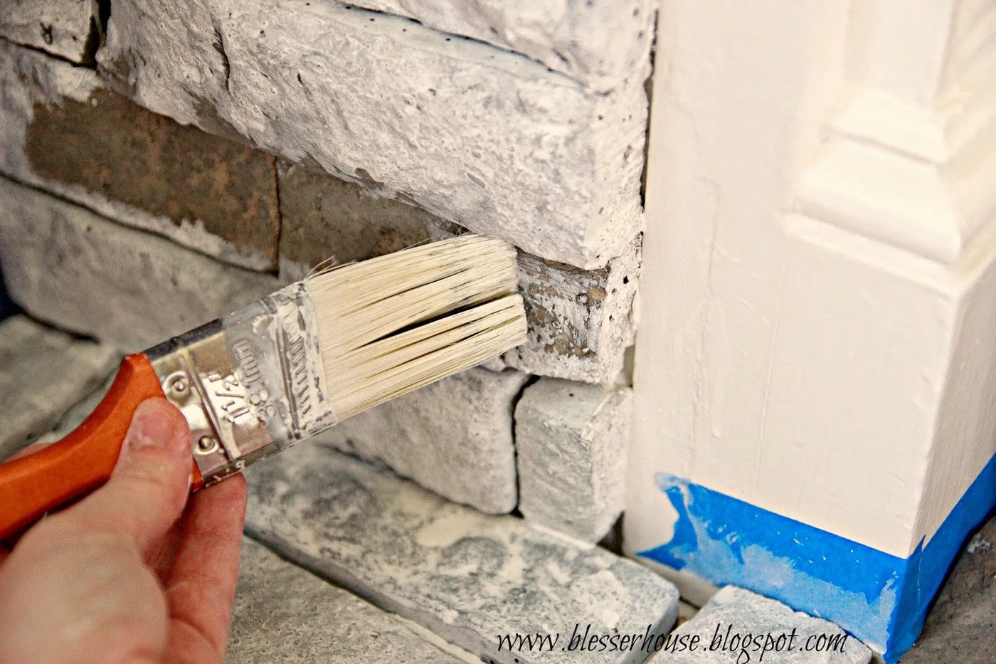 whitewashing airstone fireplace - Blesser House featured on @Bekob