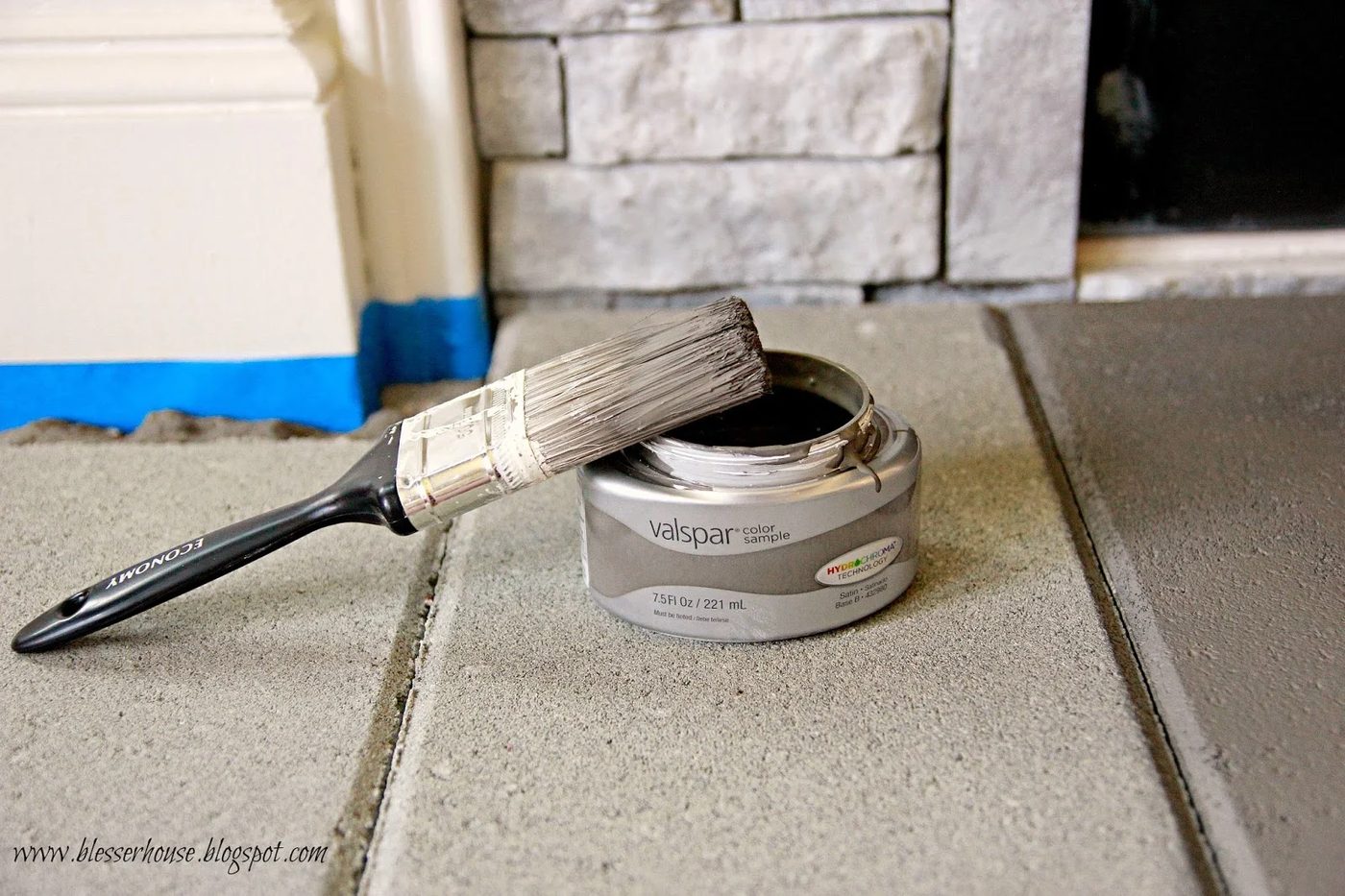 paint concrete hearth of faux fireplace, Valspar Rugged Suede - Blesser House featured on @Bekob