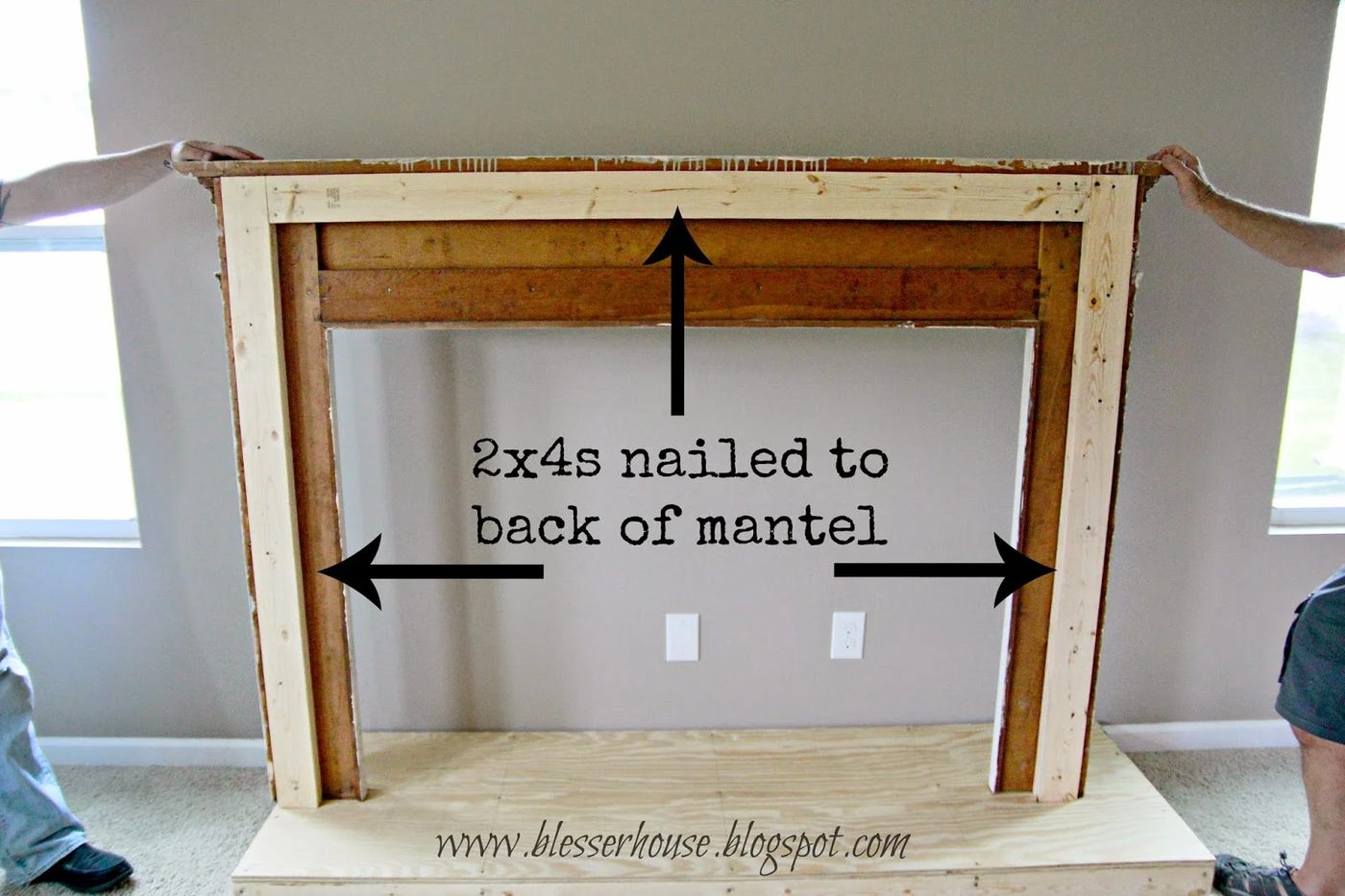 use 2x4s to anchor mantel to handmade faux fireplace - Blesser House featured on @Bekob