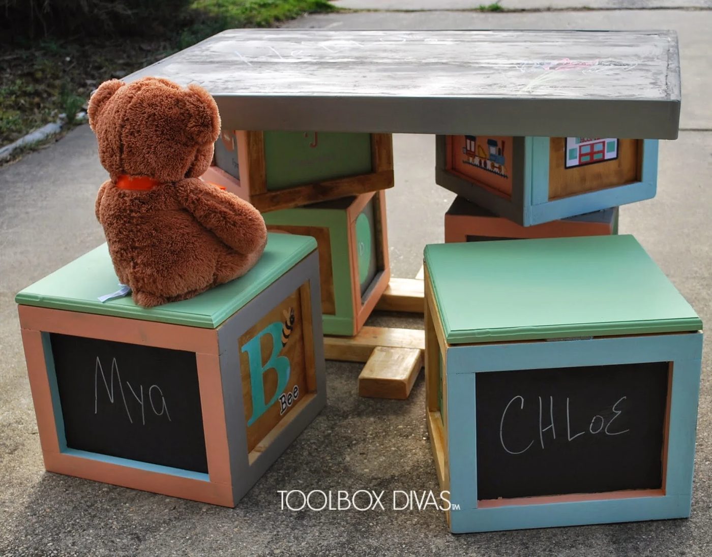 Building Block Playtable with Storage Seats and Chalboard Top by ToolBox Divas for Bekob