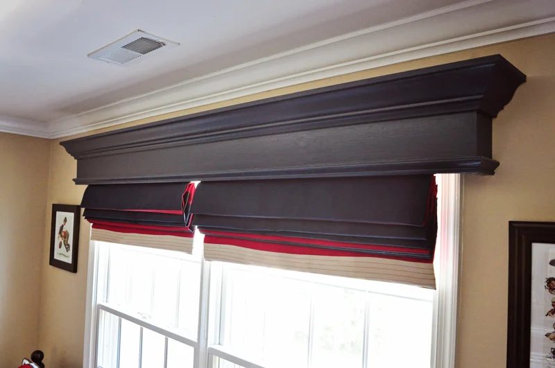 Handmade wood window cornice box hides window shade or blind hardware