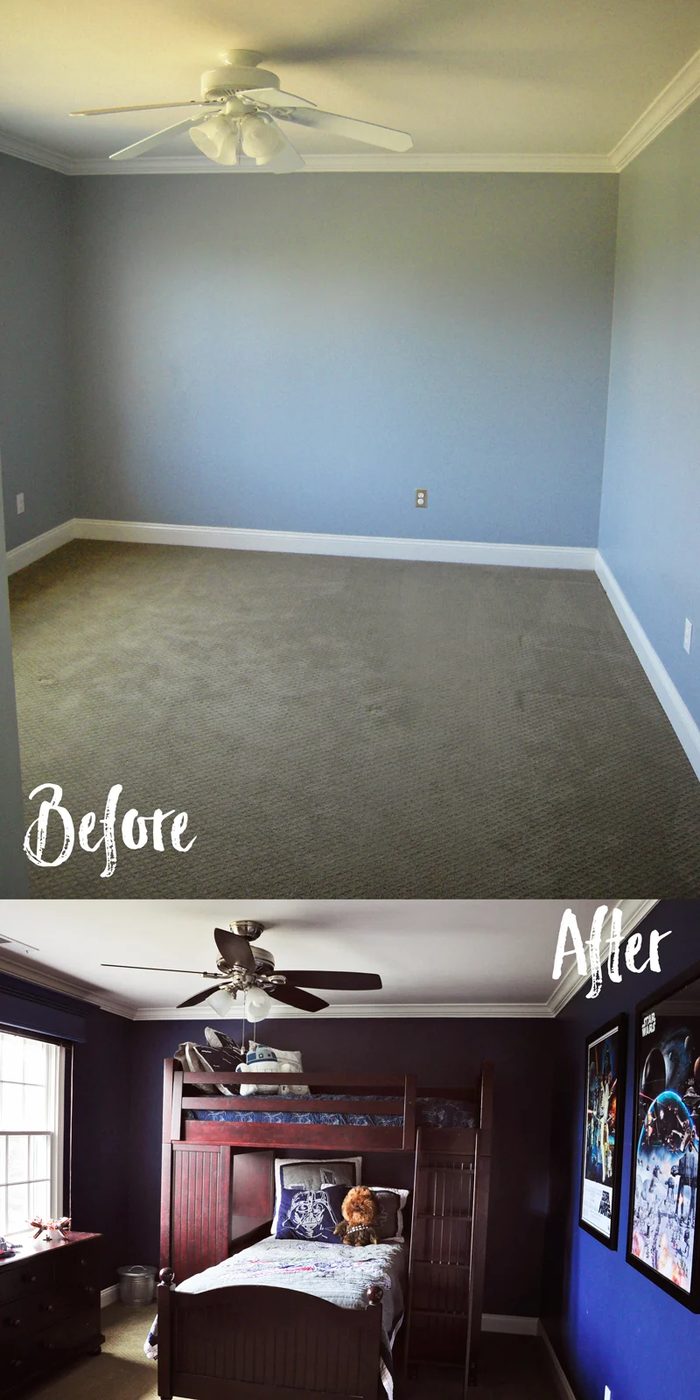 before and after boys' bedroom with Handmade wood window cornice