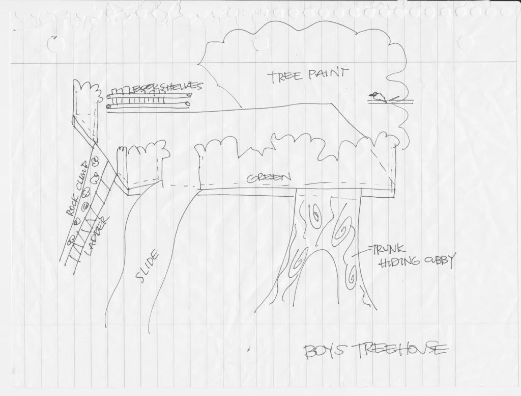 original sketched plans for loft indoor tree house, I Am Hardware featured on Bekob