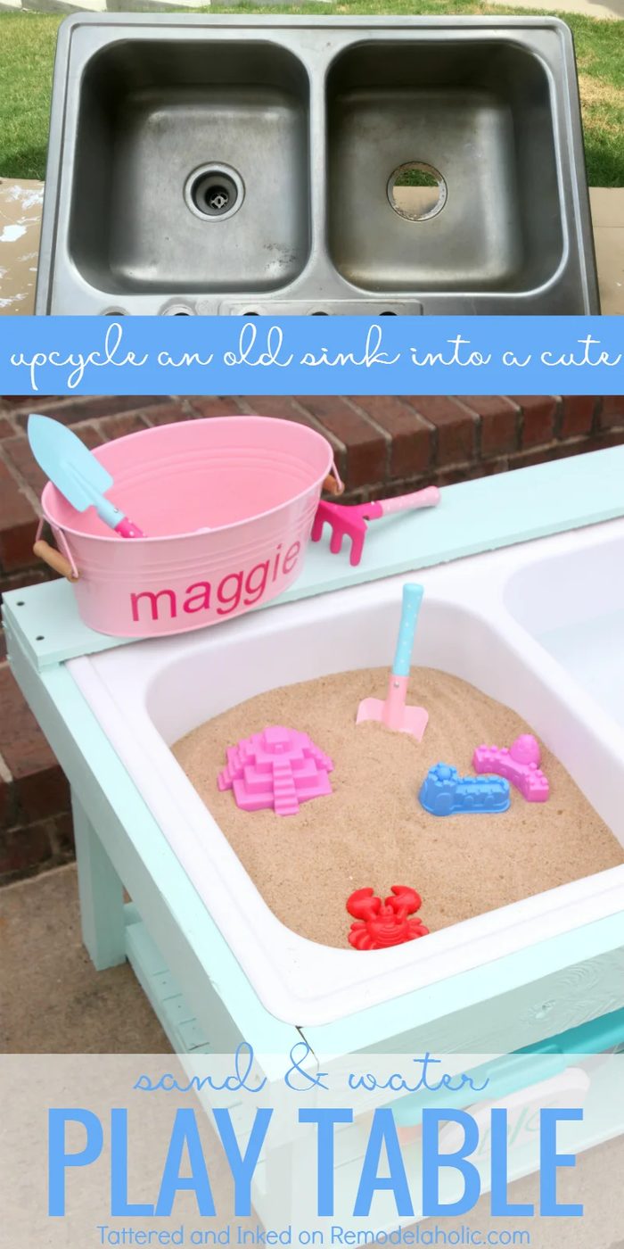 make a kids sand and water table for outdoor sensory play from an old sink, walkthrough from Tattered and Inked on @Bekob